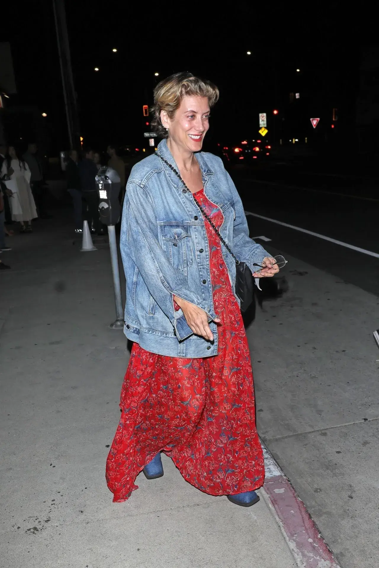 Kate Walsh Stills in Red Floral Dress and a Denim Jacket in Santa Monica